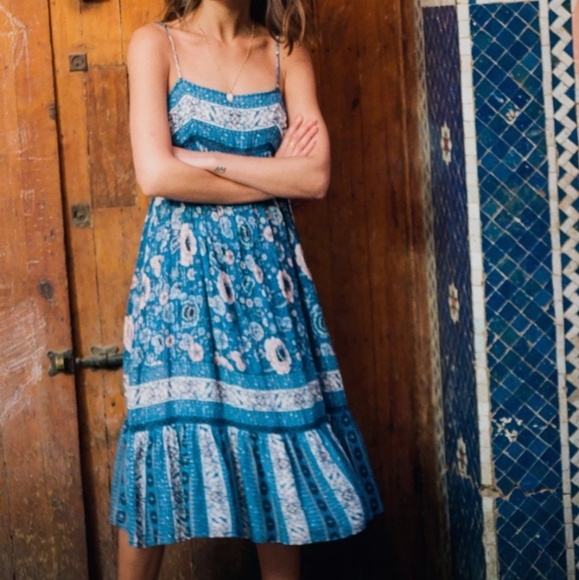 Spell Blue Floral Zahara Metallic Midi Boho Dress - Picture 4 of 16